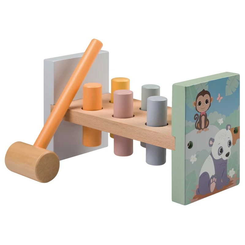 Дървена игра за сръчност Joueco, с чукче и 6 гвоздея